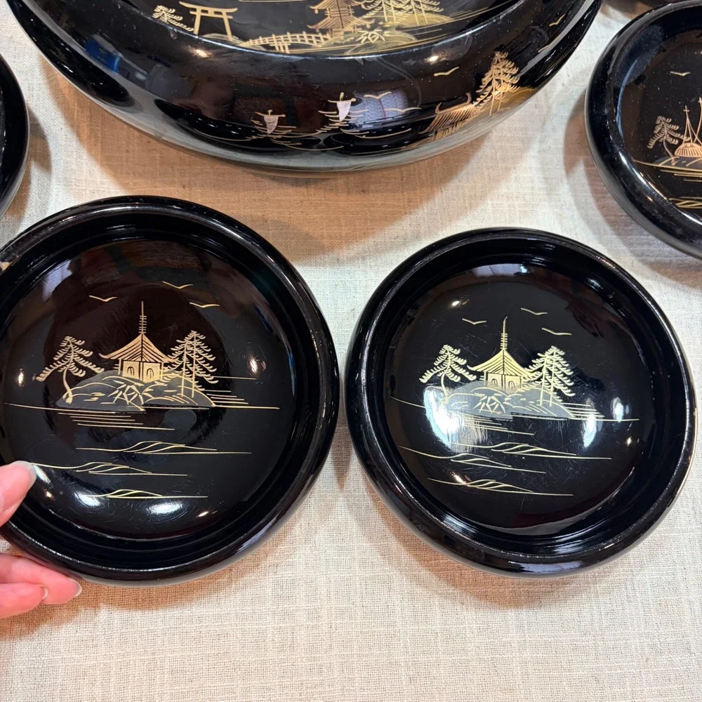 Vintage Japanese Black‎ Lacquerware Bowl Set 7pc Mt Fuji Pagoda Gold Landscape